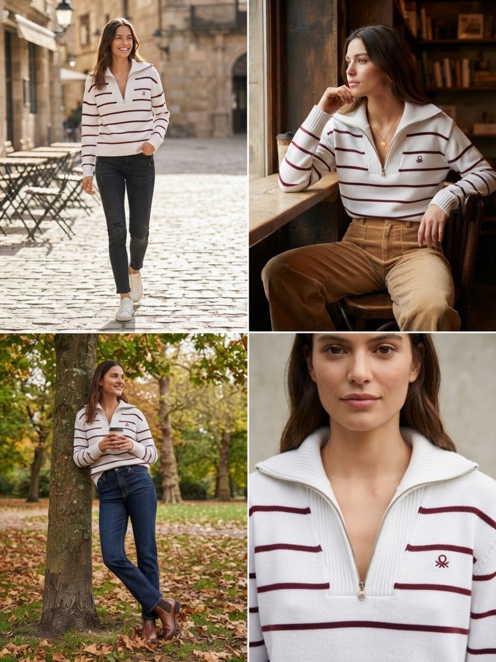 United Colors of Benetton Striped Quarter Zip Sweater White Burgundy Size Large